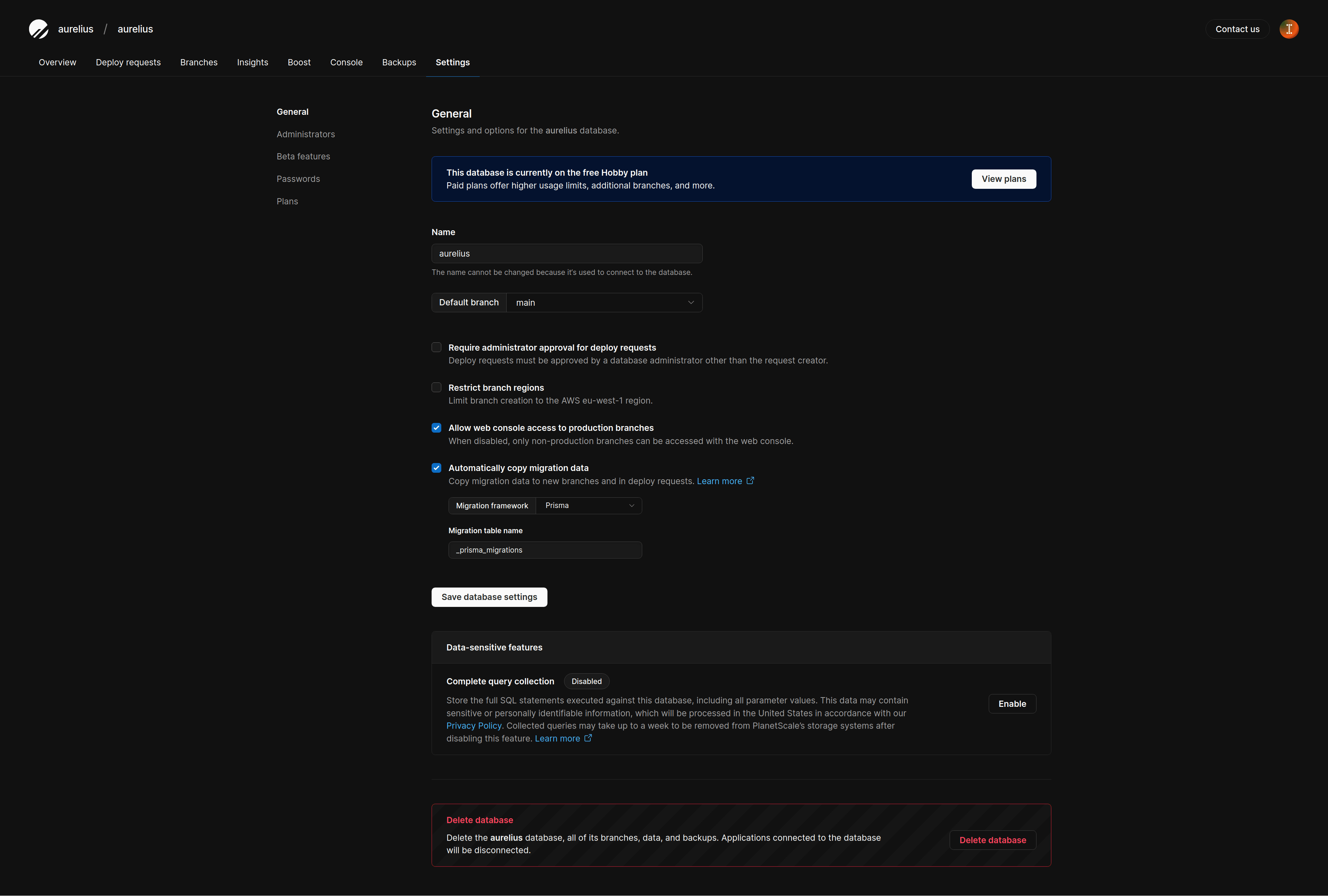 settings - Planetscale